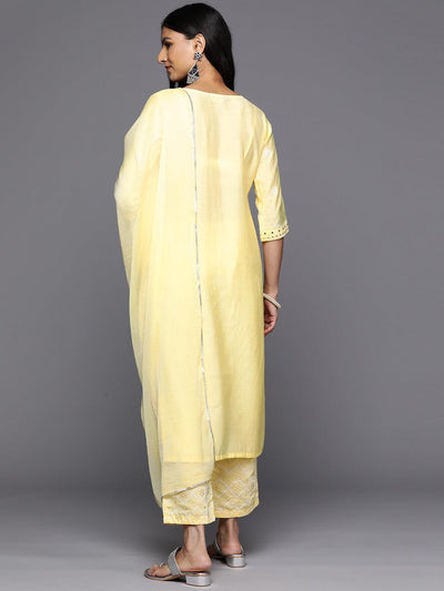 Yellow Printed Silk Blend Straight Kurta With Trousers & Dupatta - Libas