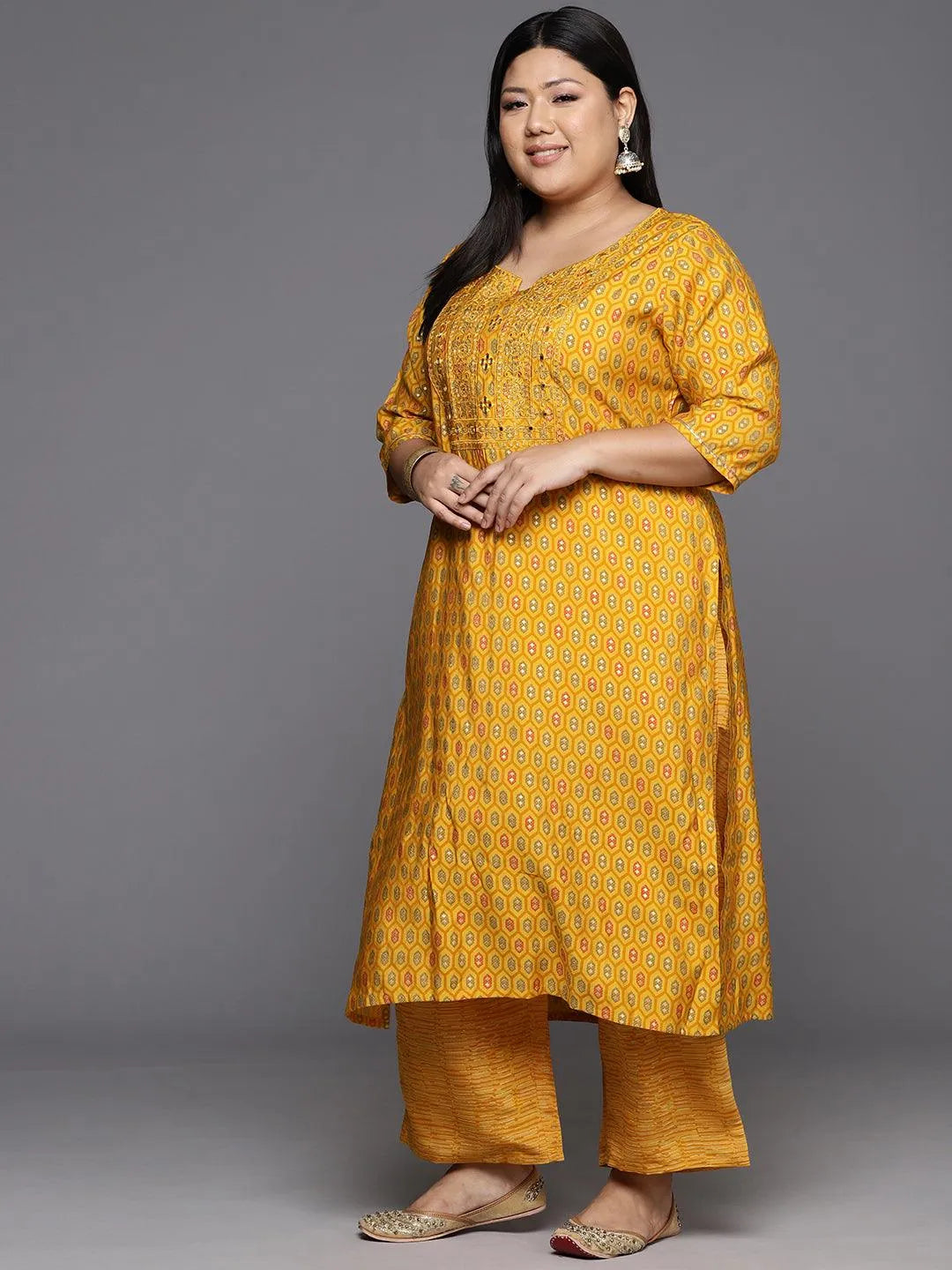 Yellow Printed Silk Blend Straight Kurta With Trousers & Dupatta - Libas 