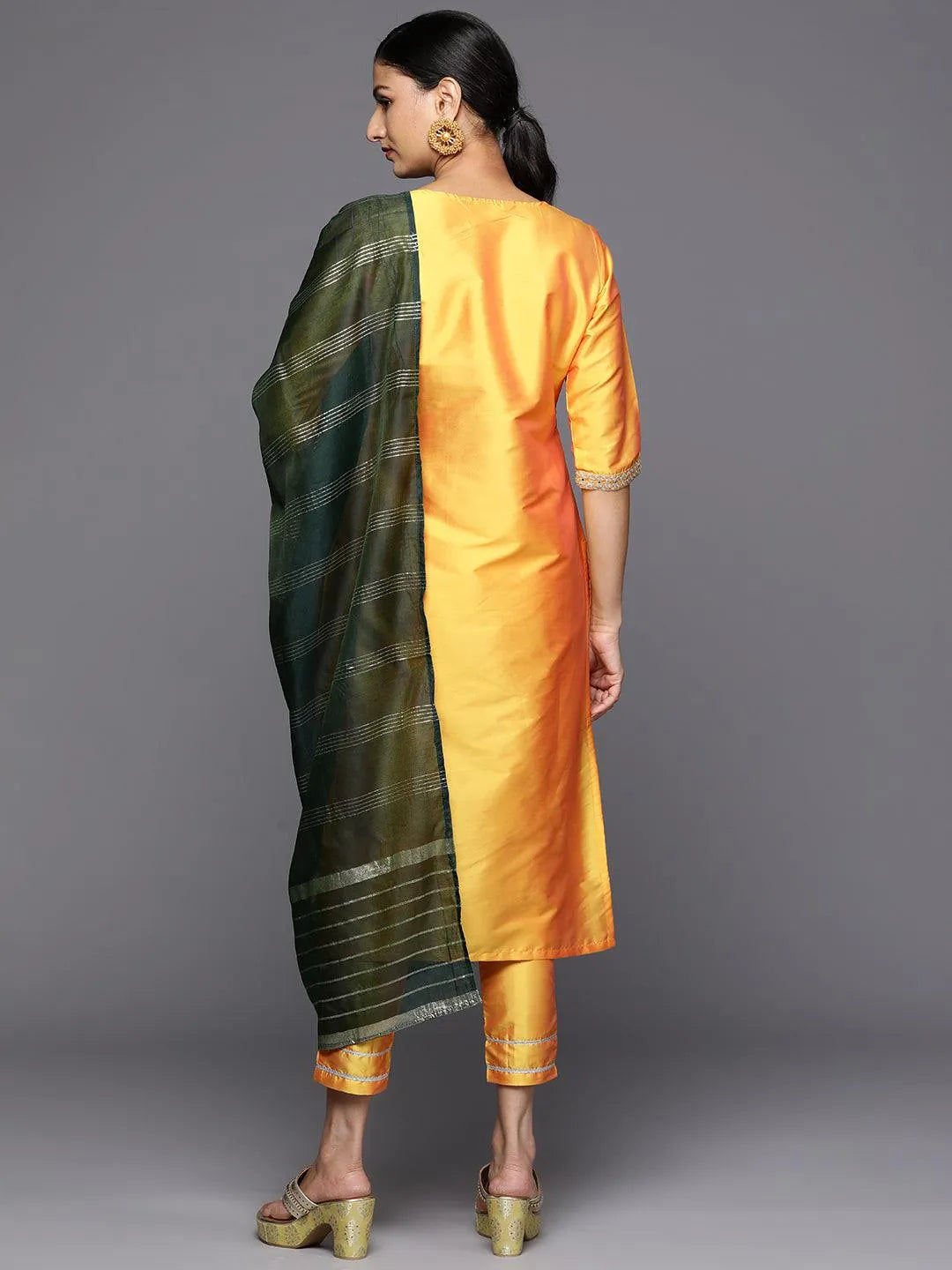 Yellow Printed Silk Blend Straight Kurta With Trousers & Dupatta - Libas 