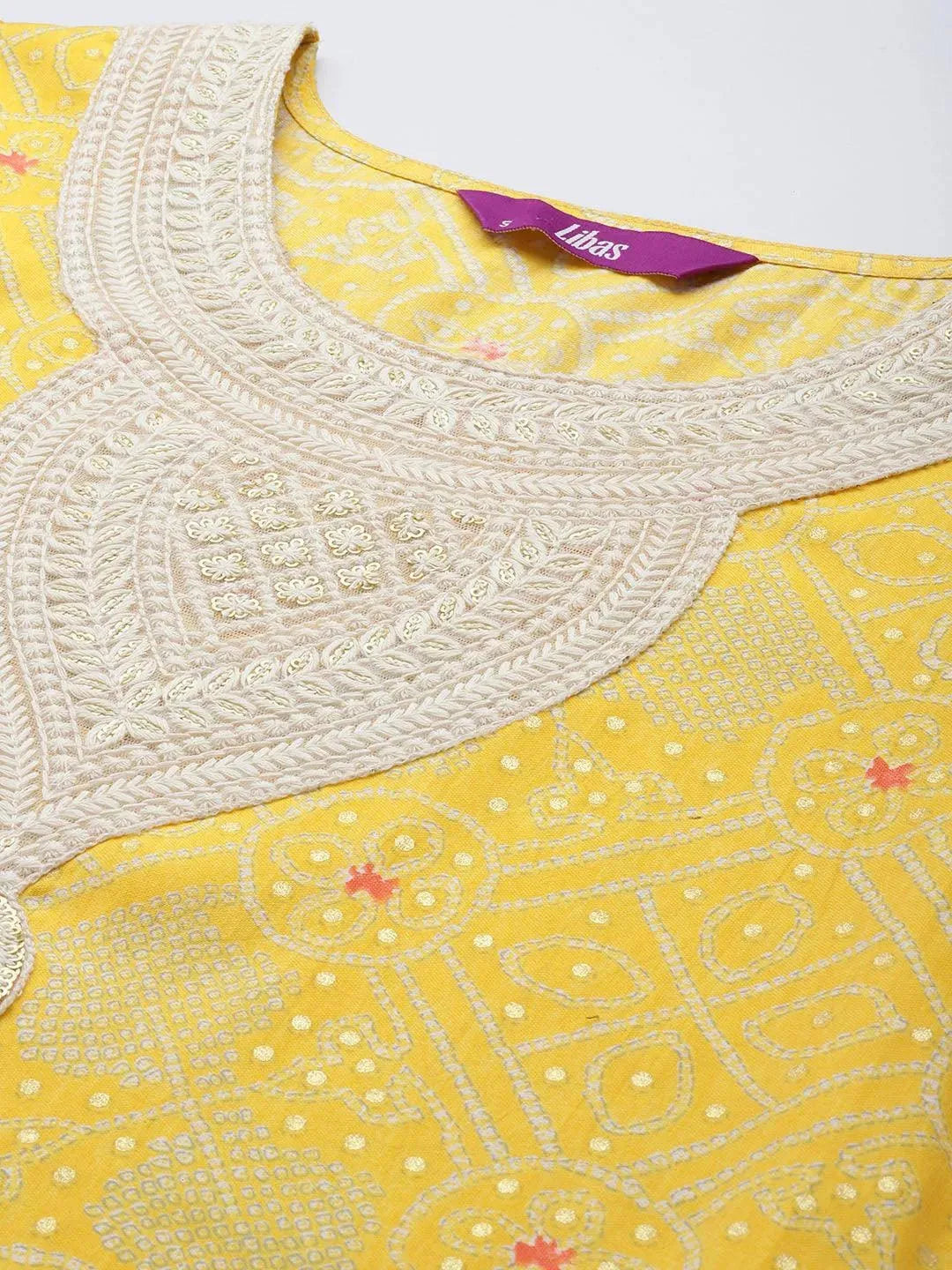 Yellow Printed Silk Blend Straight Suit Set - Libas 