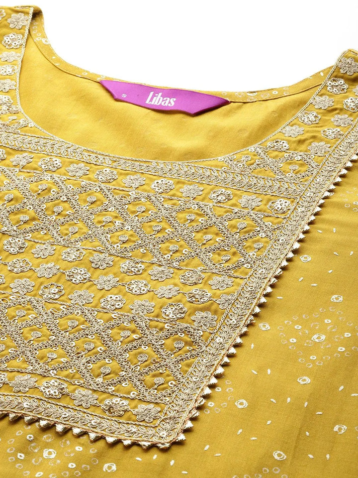 Yellow Printed Silk Blend Straight Kurta With Trousers & Dupatta - Libas