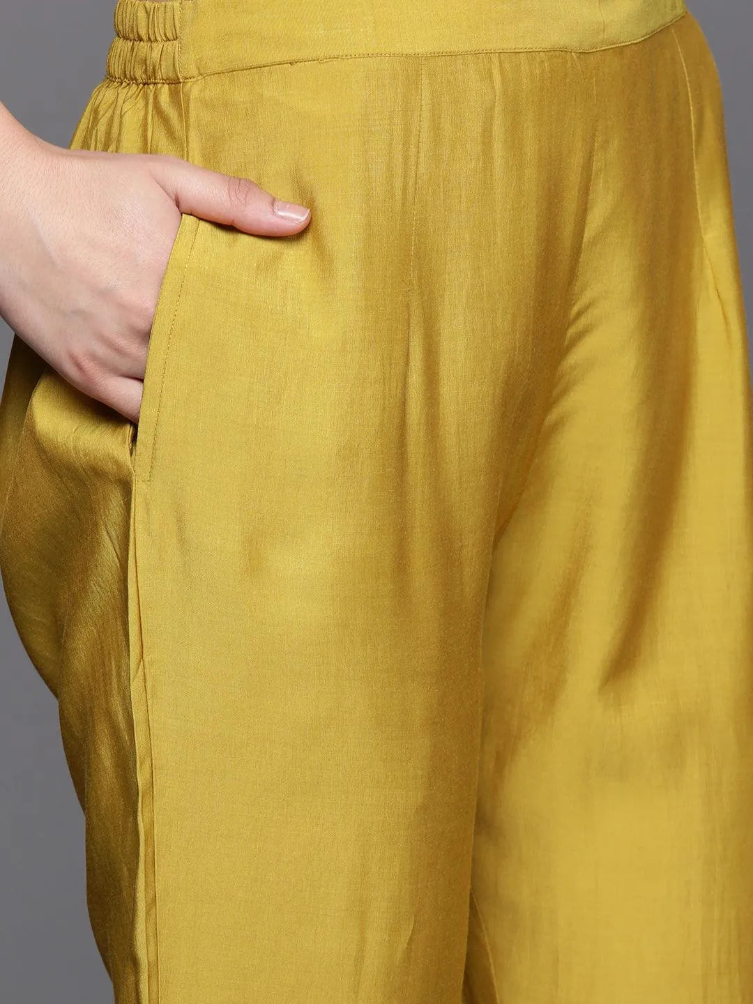 Yellow Printed Silk Blend Straight Kurta With Trousers & Dupatta - Libas 