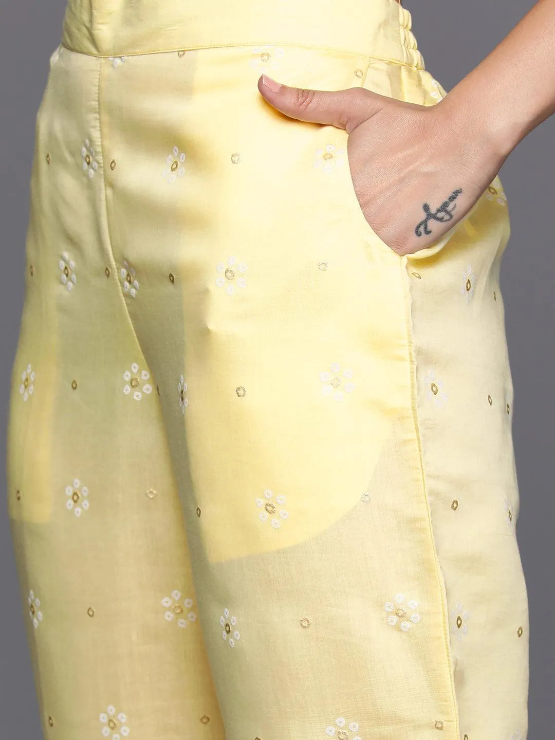 Yellow Printed Silk Blend Straight Kurta With Trousers & Dupatta - Libas