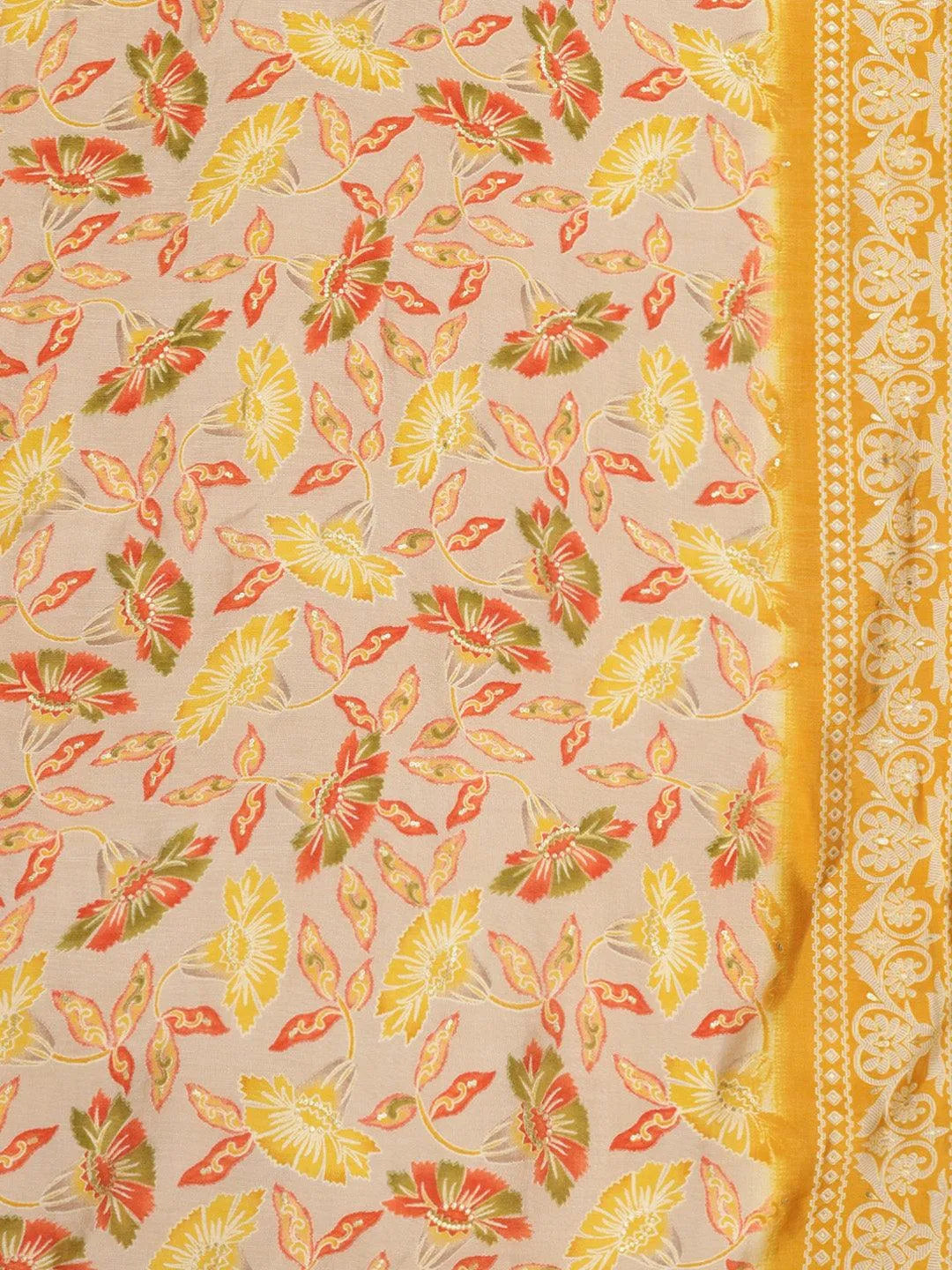 Yellow Printed Silk Blend Straight Kurta With Trousers & Dupatta - Libas 