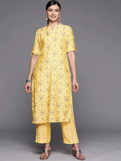 Yellow Printed Silk Blend Straight Kurta Set With Trousers - Libas