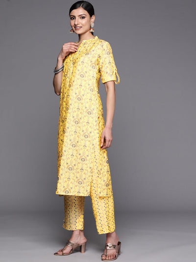 Yellow Printed Silk Blend Straight Kurta Set With Trousers - Libas