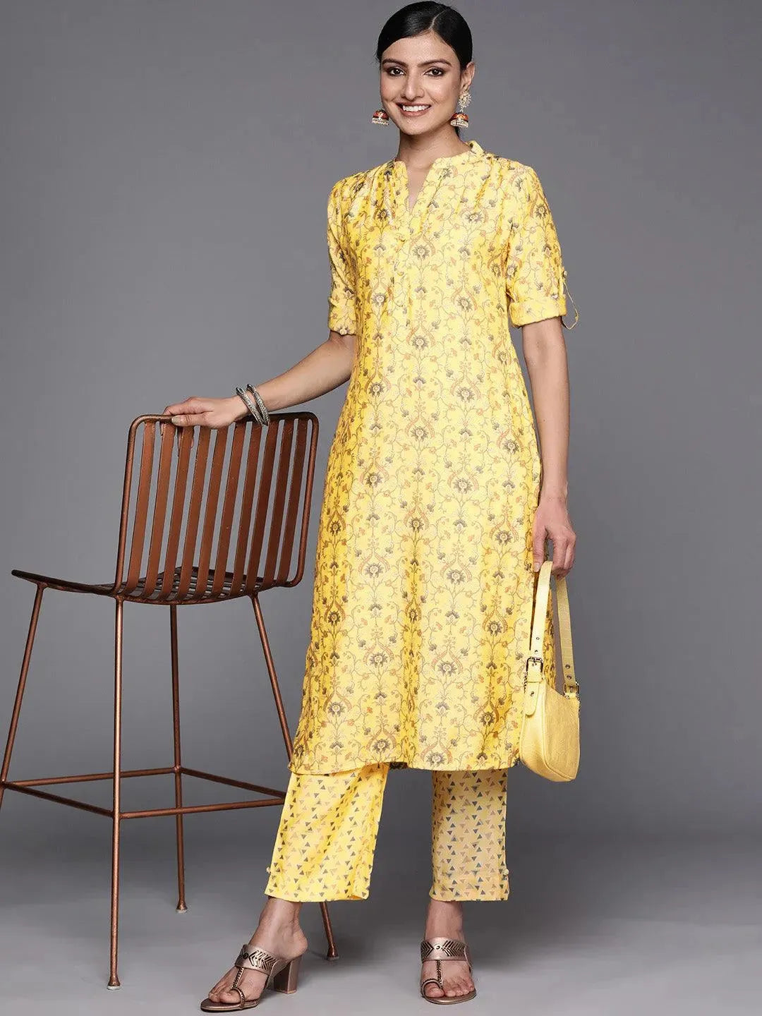Yellow Printed Silk Blend Straight Kurta Set With Trousers - Libas 