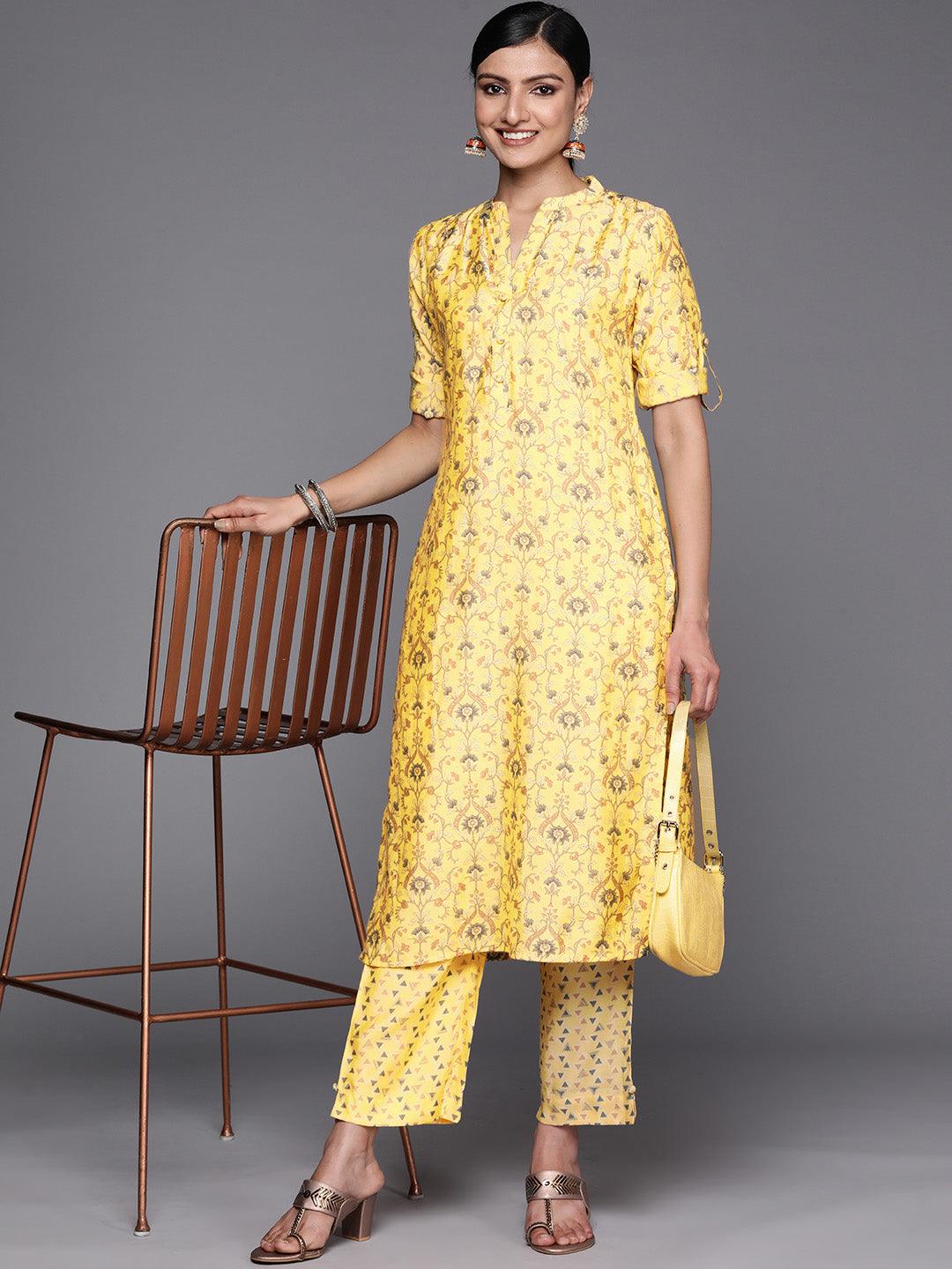 Yellow Printed Silk Blend Straight Kurta Set With Trousers - Libas