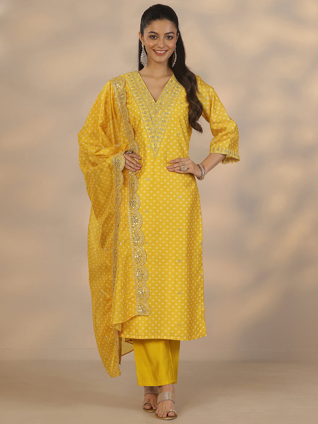 Yellow Printed Silk Blend Straight Suit Set With Dupatta