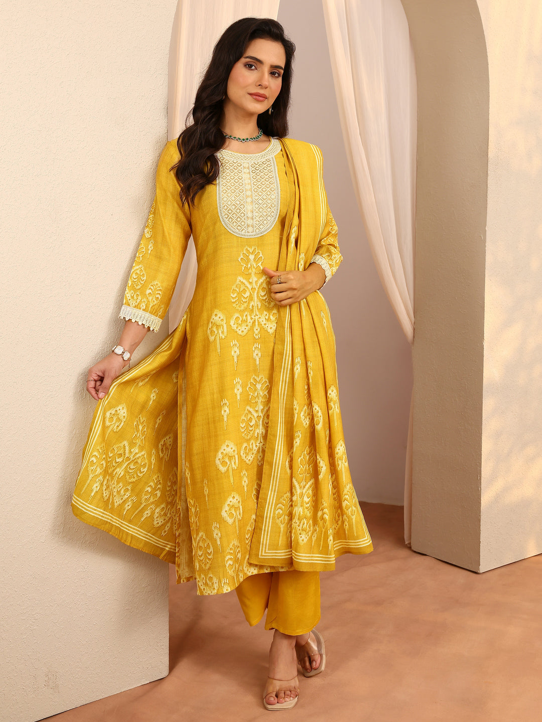 Yellow Printed Silk Blend Straight Suit Set With Dupatta