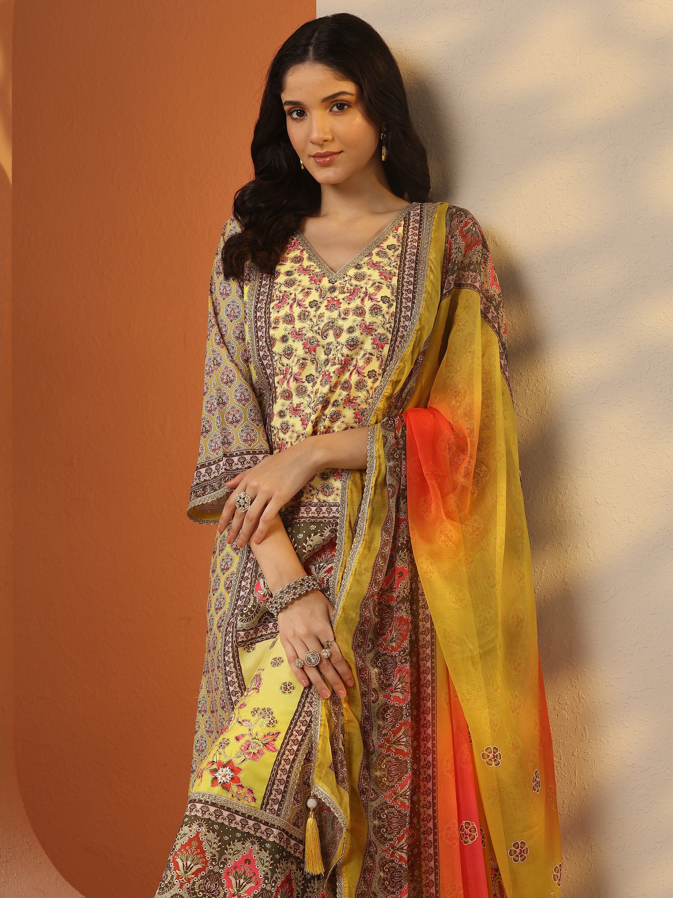 libas Yellow Printed Silk Blend Straight Suit Set With Dupatta-picture-51