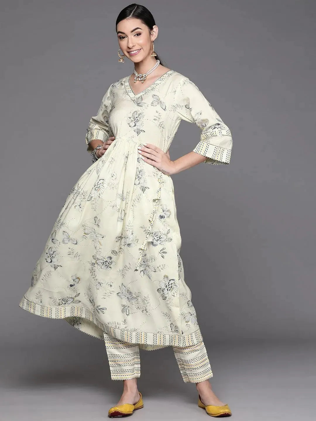 Yellow Printed Silk Kurta - Libas