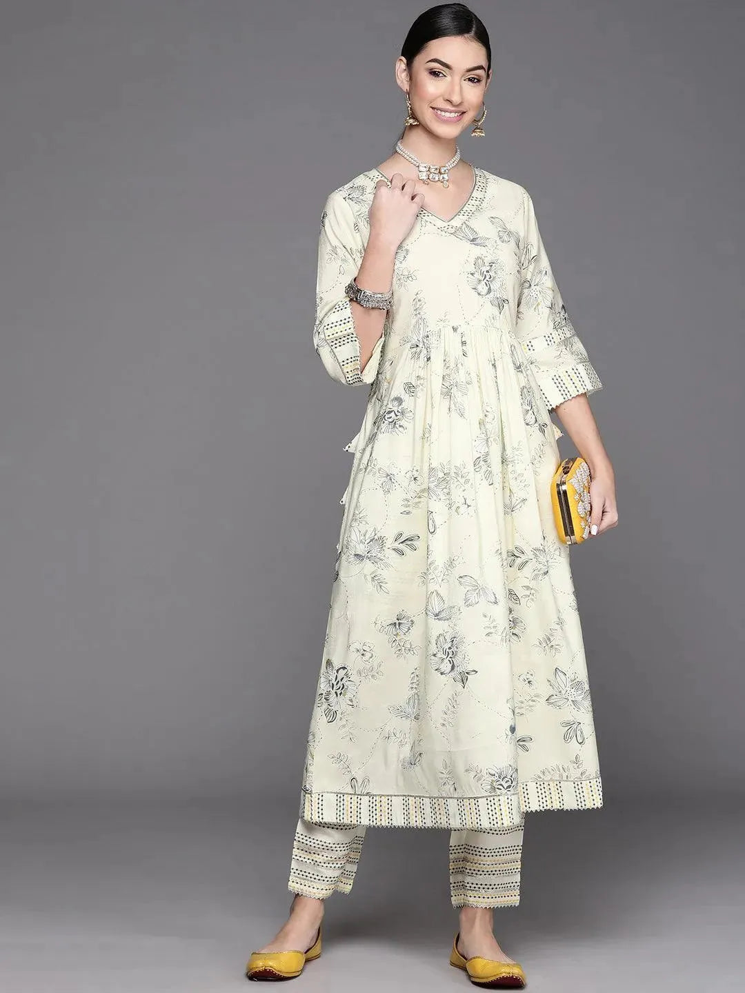 Yellow Printed Silk Kurta - Libas