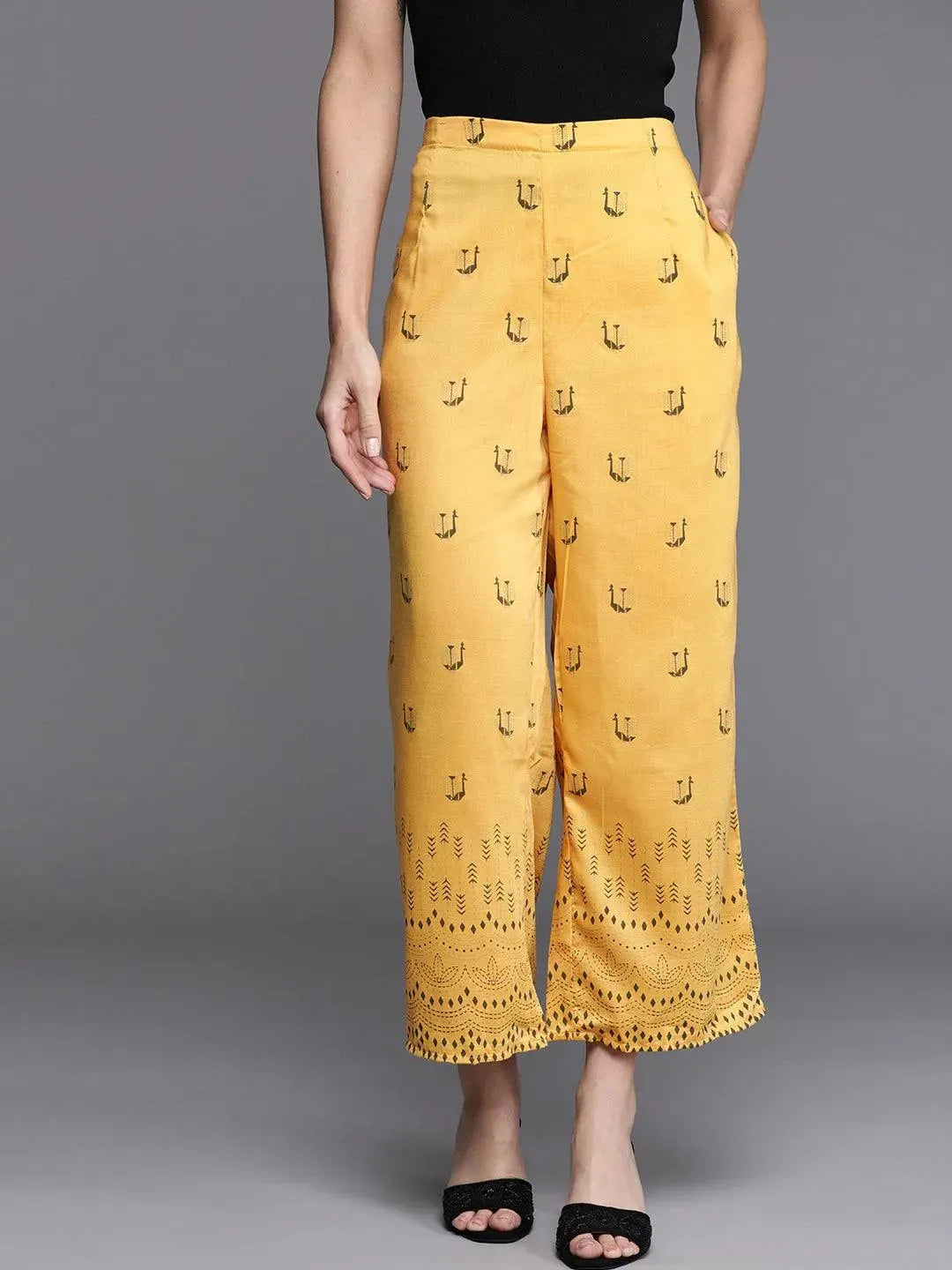 Yellow Printed Silk Palazzos - Libas