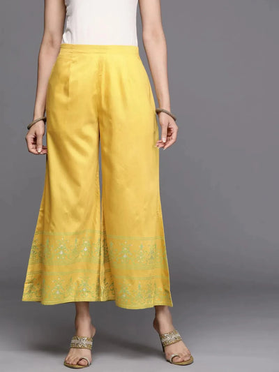 Yellow Printed Silk Palazzos - Libas