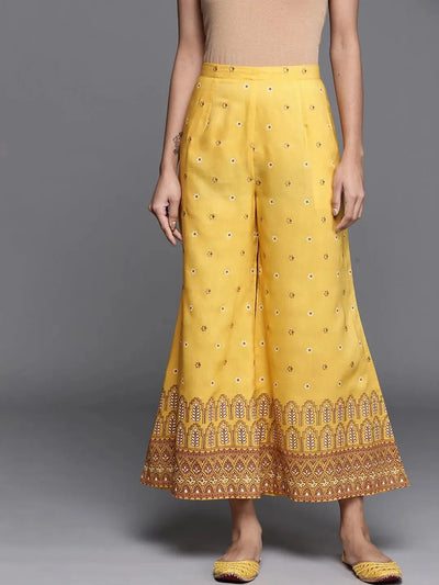 Yellow Printed Silk Palazzos - Libas