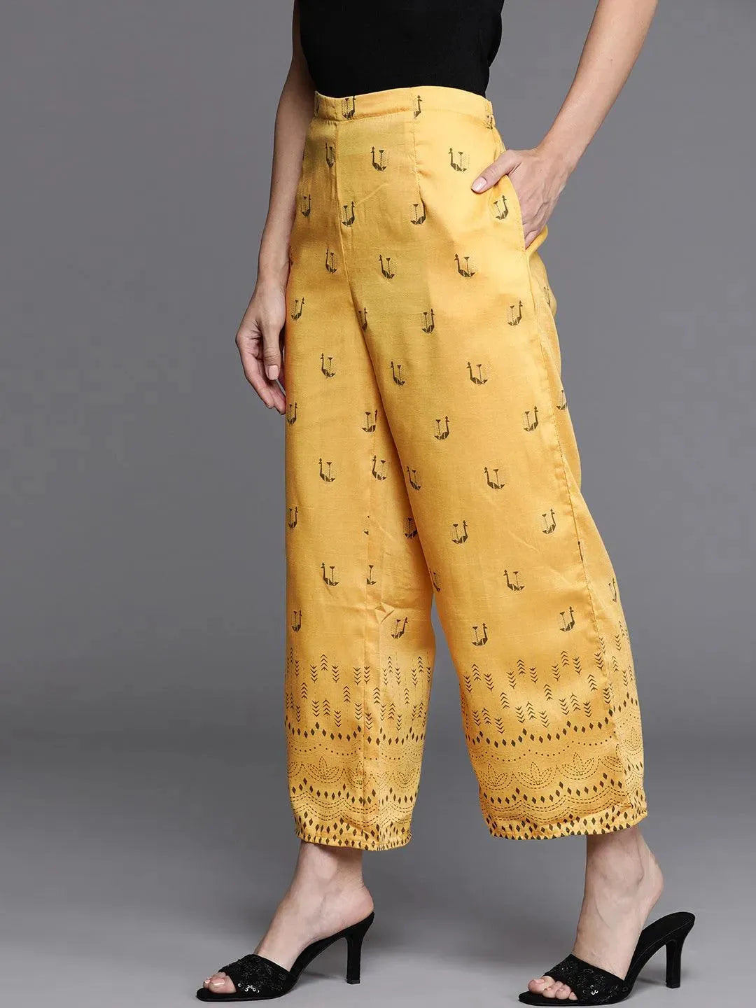 Yellow Printed Silk Palazzos - Libas