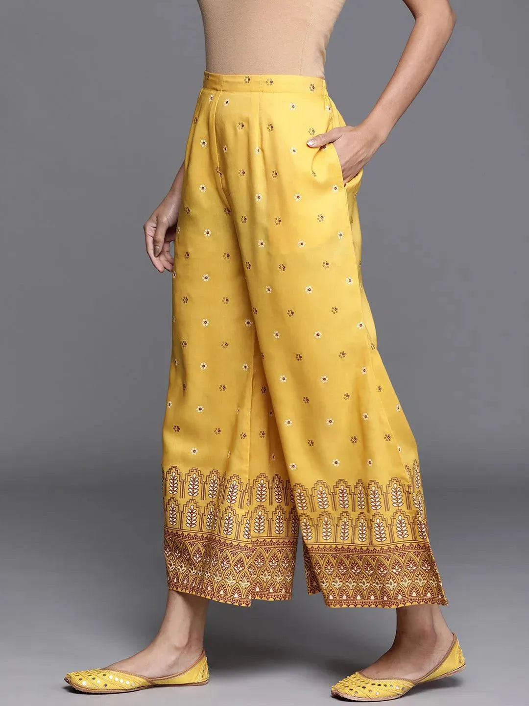 Yellow Printed Silk Palazzos - Libas 