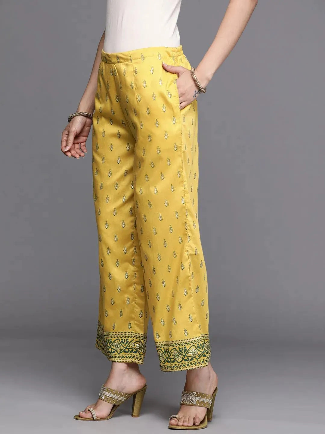 Yellow Printed Silk Palazzos - Libas