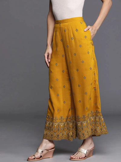 Yellow Printed Silk Palazzos - Libas