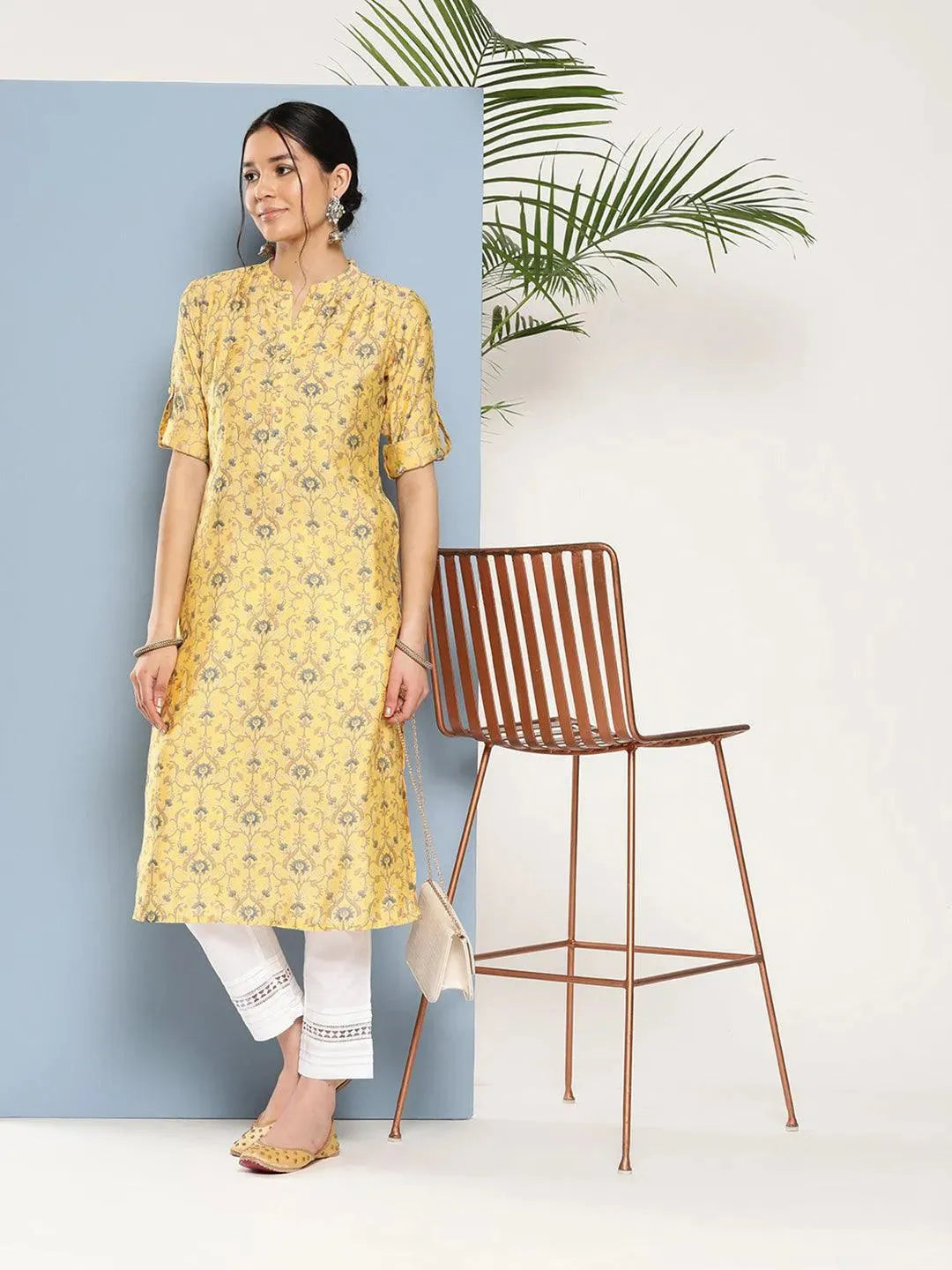 Yellow Printed Silk Straight Kurta - Libas