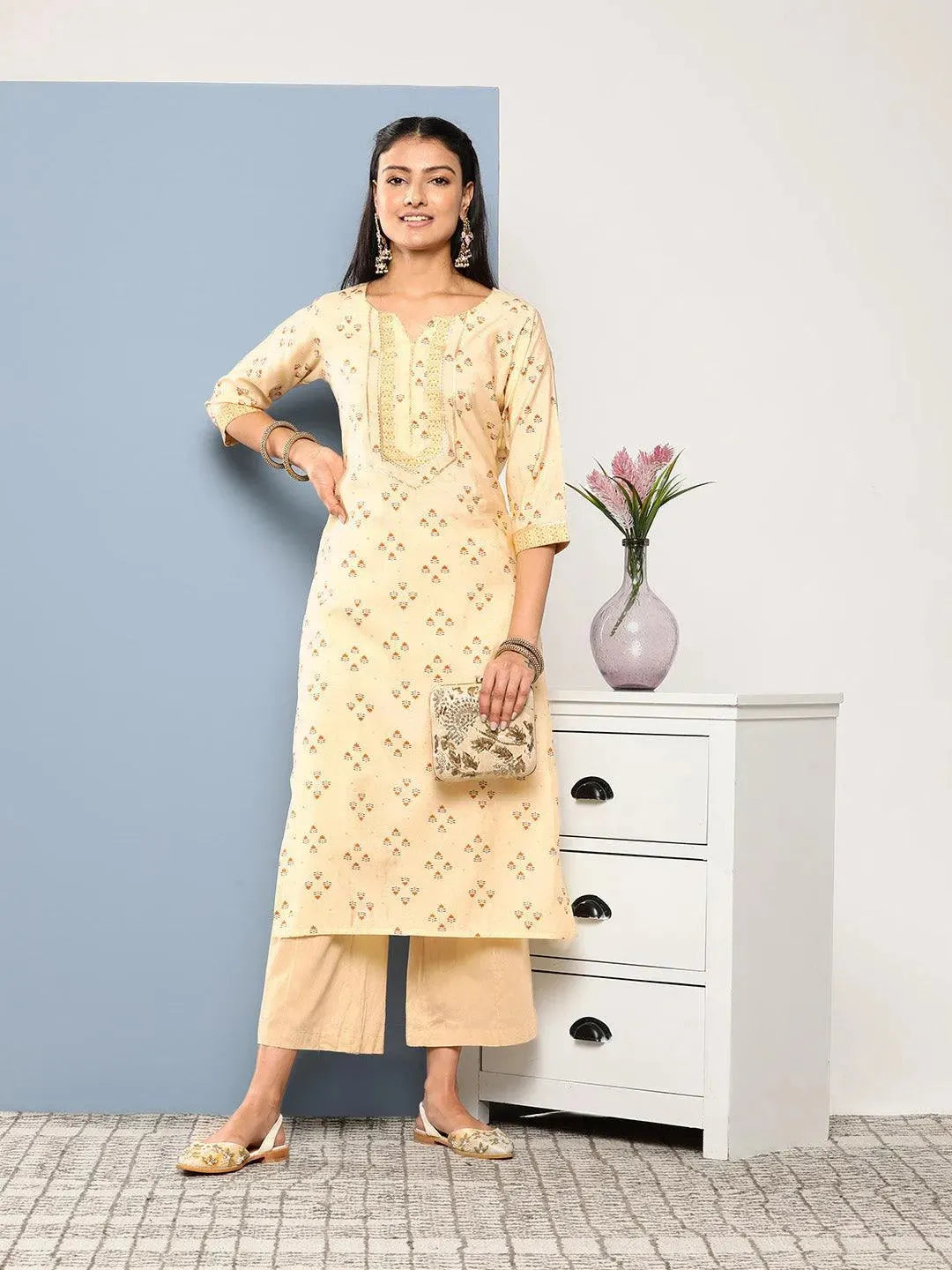 Yellow Printed Silk Straight Kurta - Libas