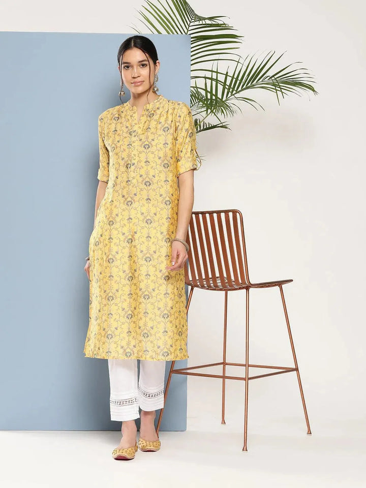 Yellow Printed Silk Straight Kurta - Libas