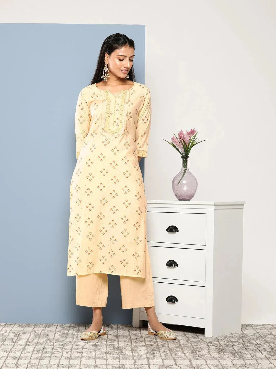 Yellow Printed Silk Straight Kurta - Libas 