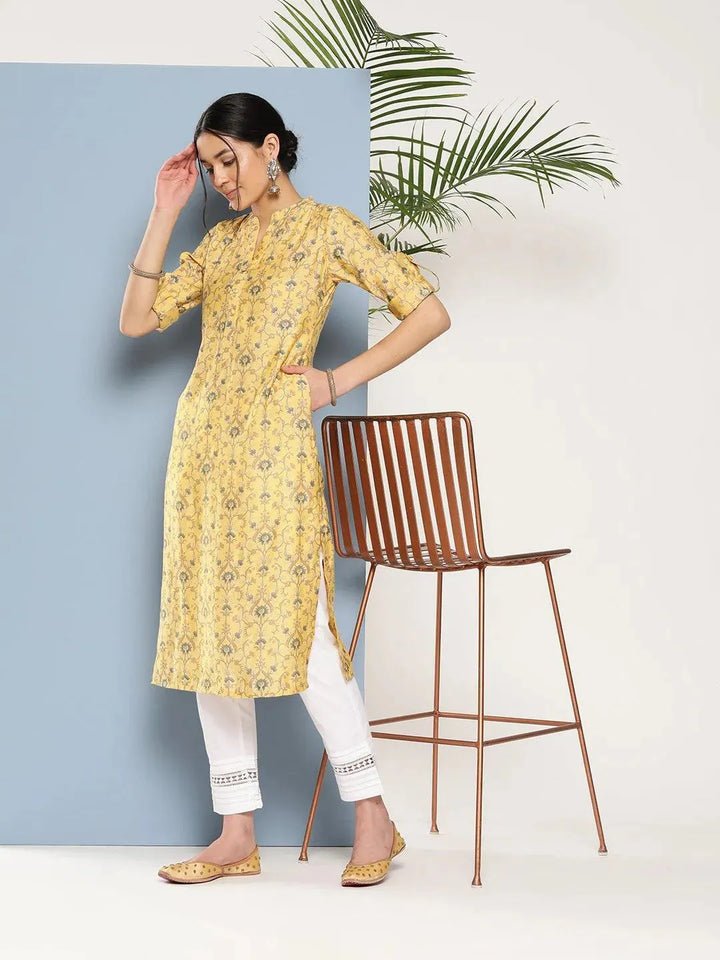 Yellow Printed Silk Straight Kurta - Libas