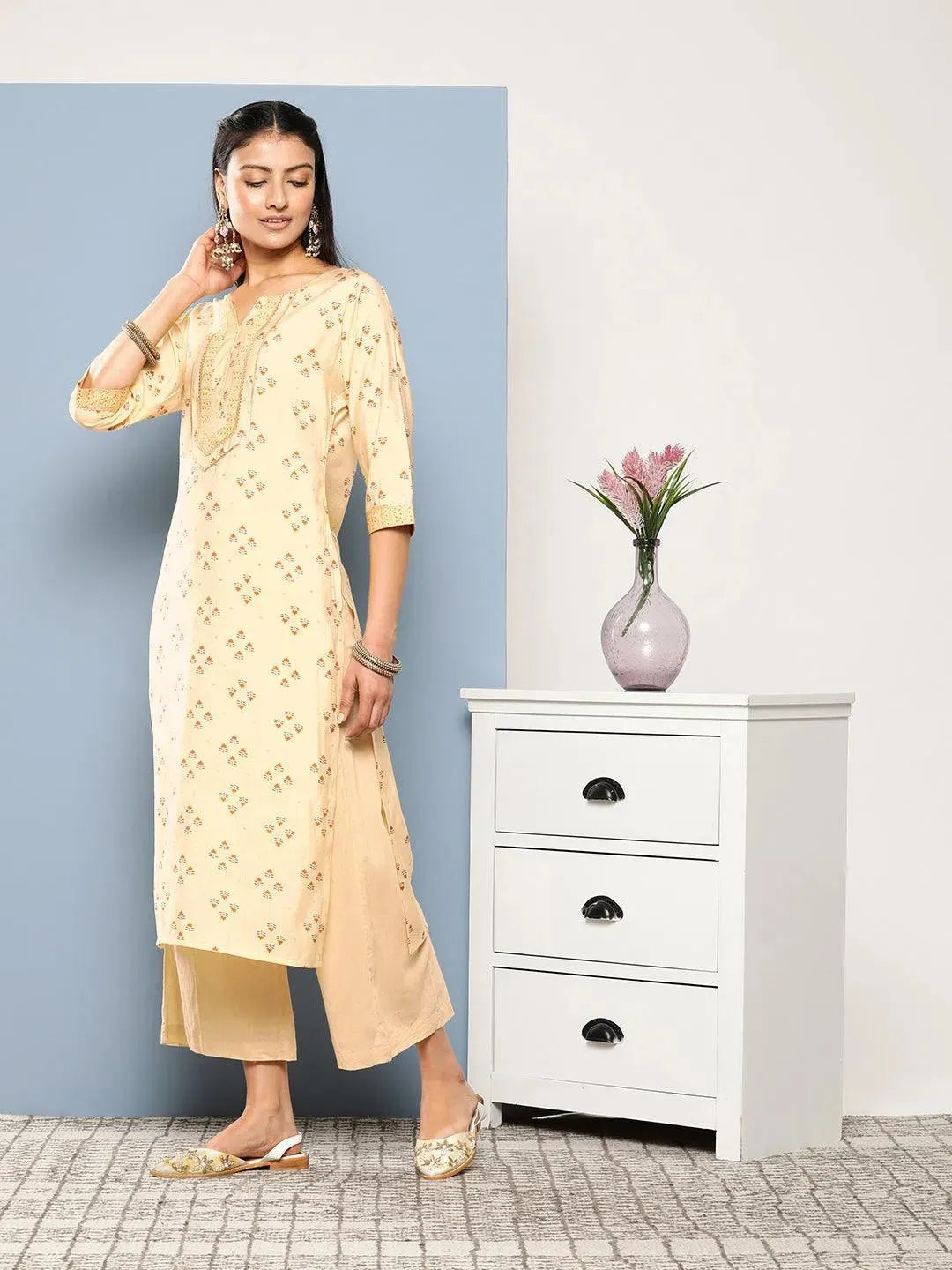 Yellow Printed Silk Straight Kurta - Libas 