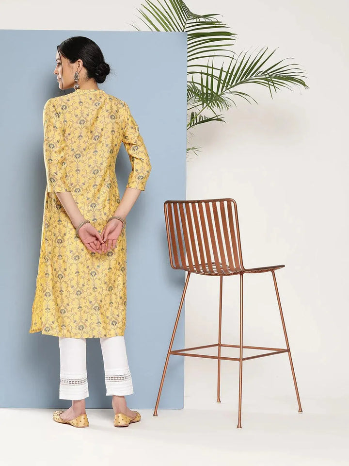 Yellow Printed Silk Straight Kurta - Libas