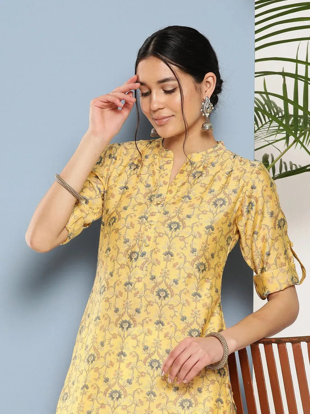 Yellow Printed Silk Straight Kurta - Libas 