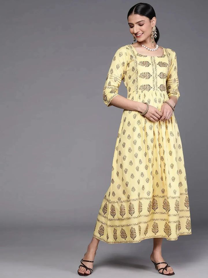 Yellow Printed Viscose Rayon Dress - Libas