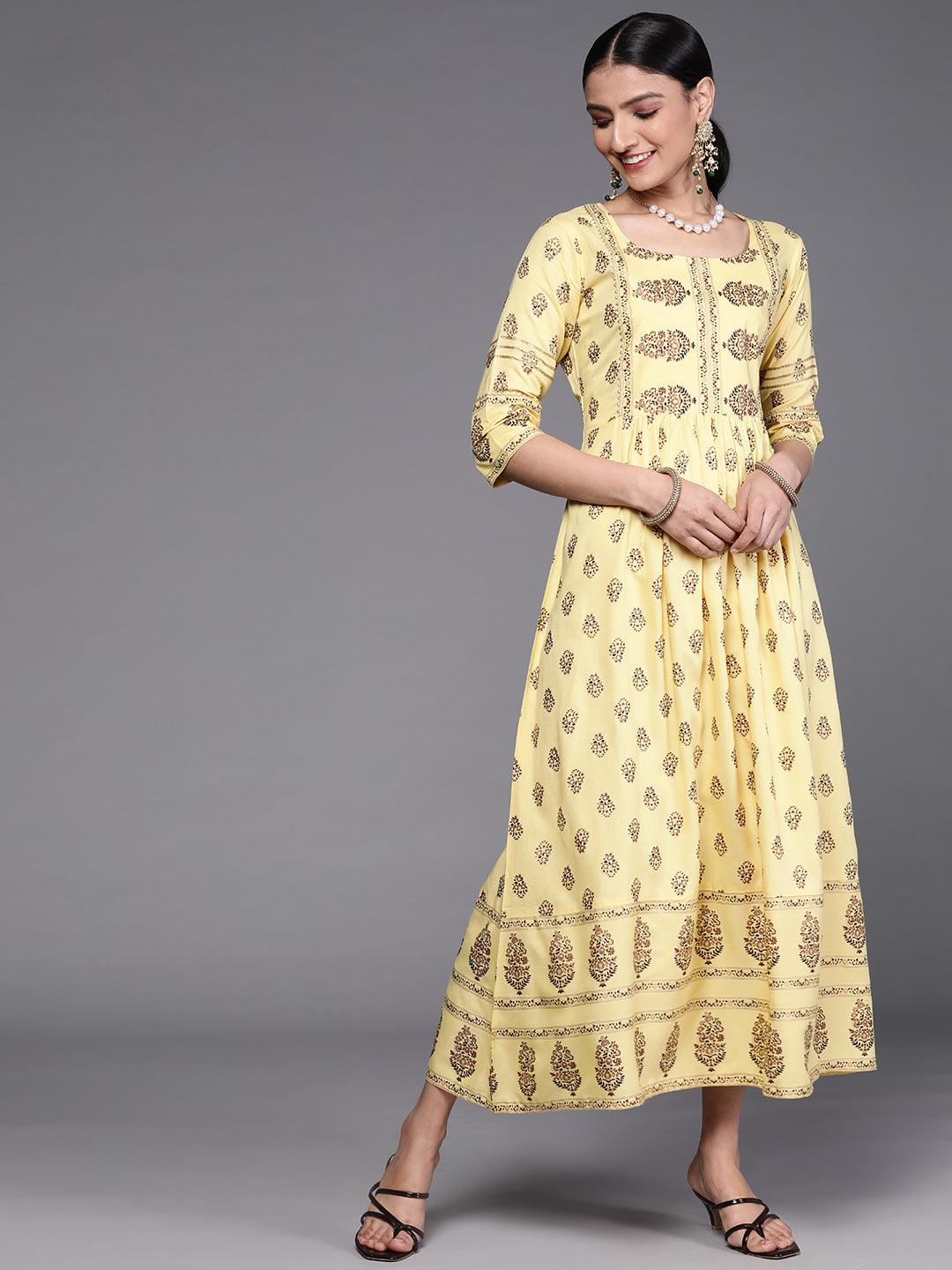 Yellow Printed Viscose Rayon Dress - Libas