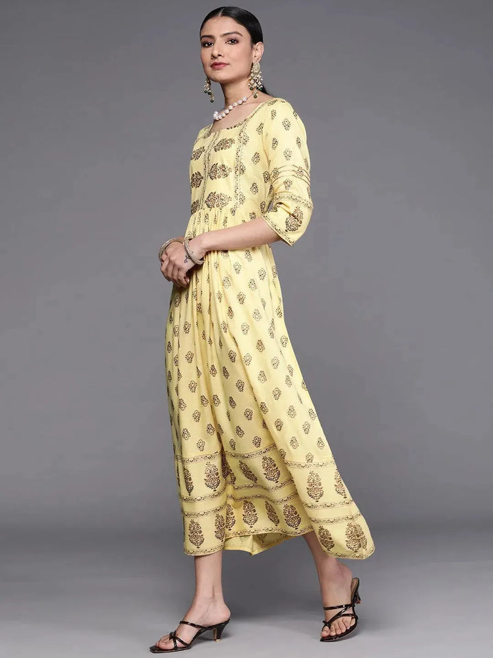 Yellow Printed Viscose Rayon Dress - Libas