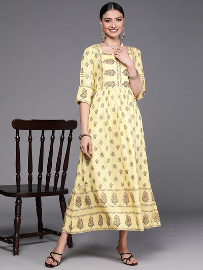 Yellow Printed Viscose Rayon Dress - Libas