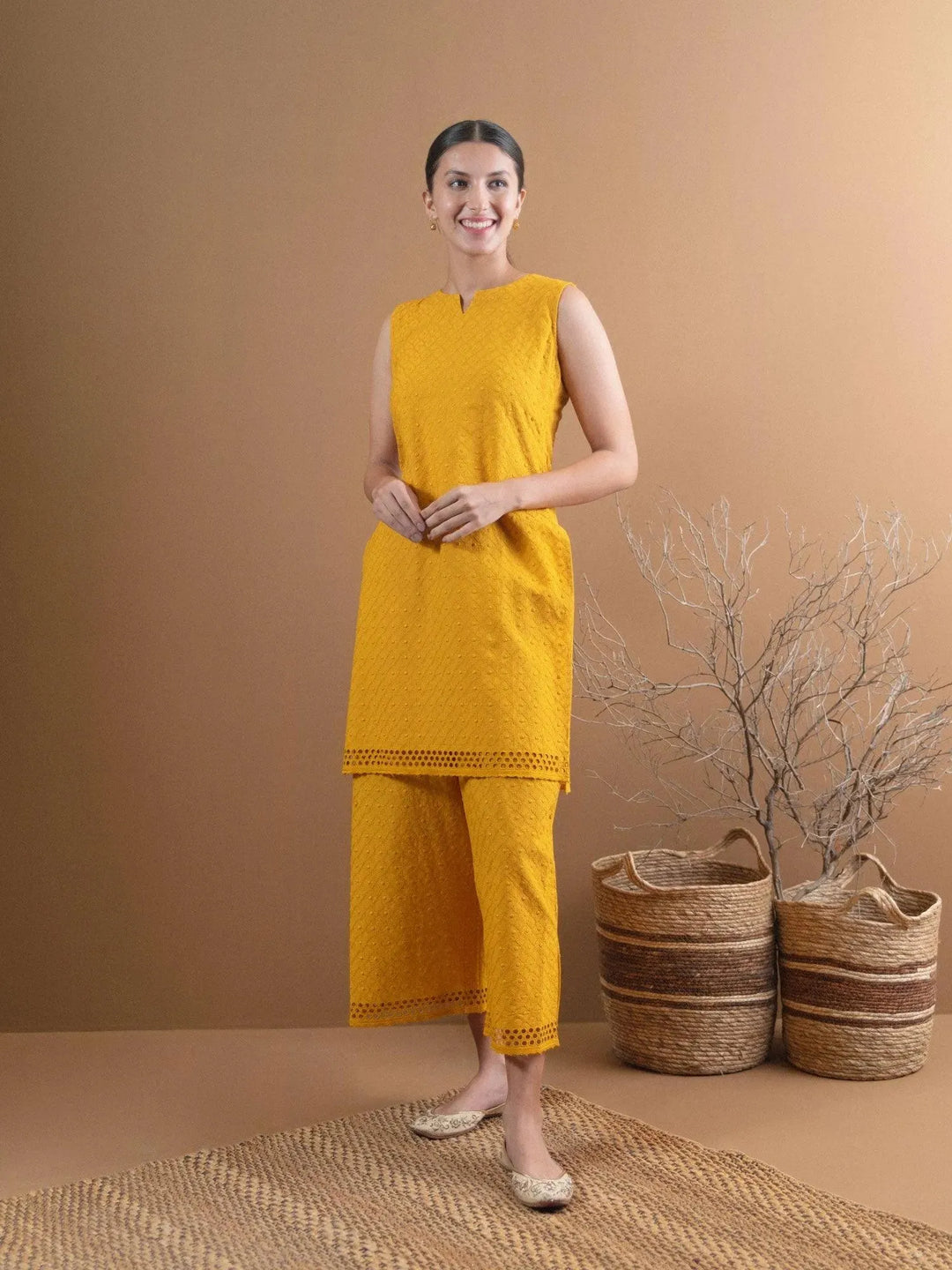 Yellow Schiffli Cotton Kurta Set - Libas