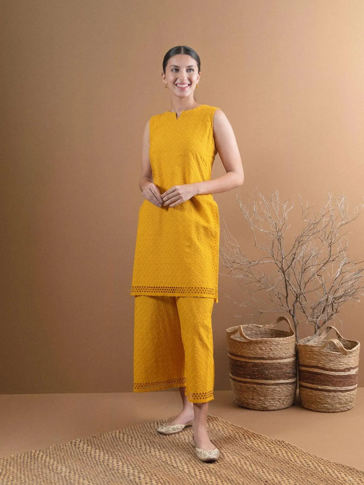 Yellow Schiffli Cotton Kurta Set - Libas