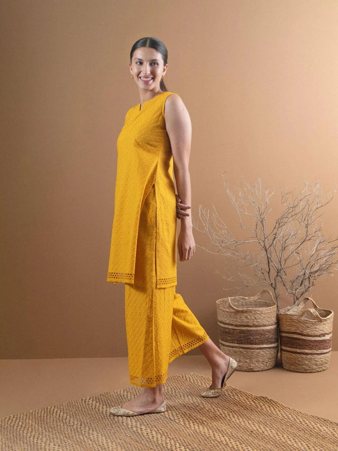 Yellow Schiffli Cotton Kurta Set - Libas