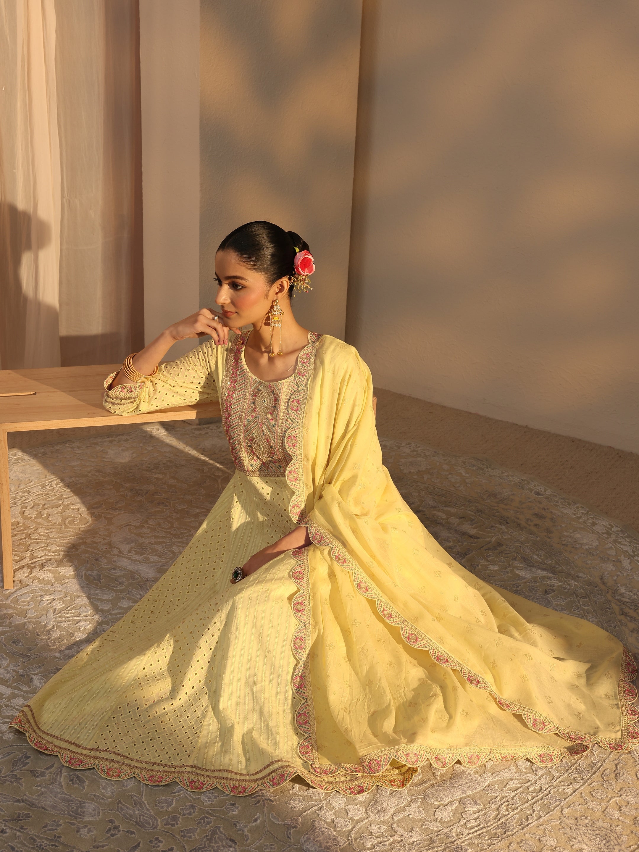 libas Yellow Schiffli Embroidered Cotton Anarkali Suits Set With Dupatta-picture-16