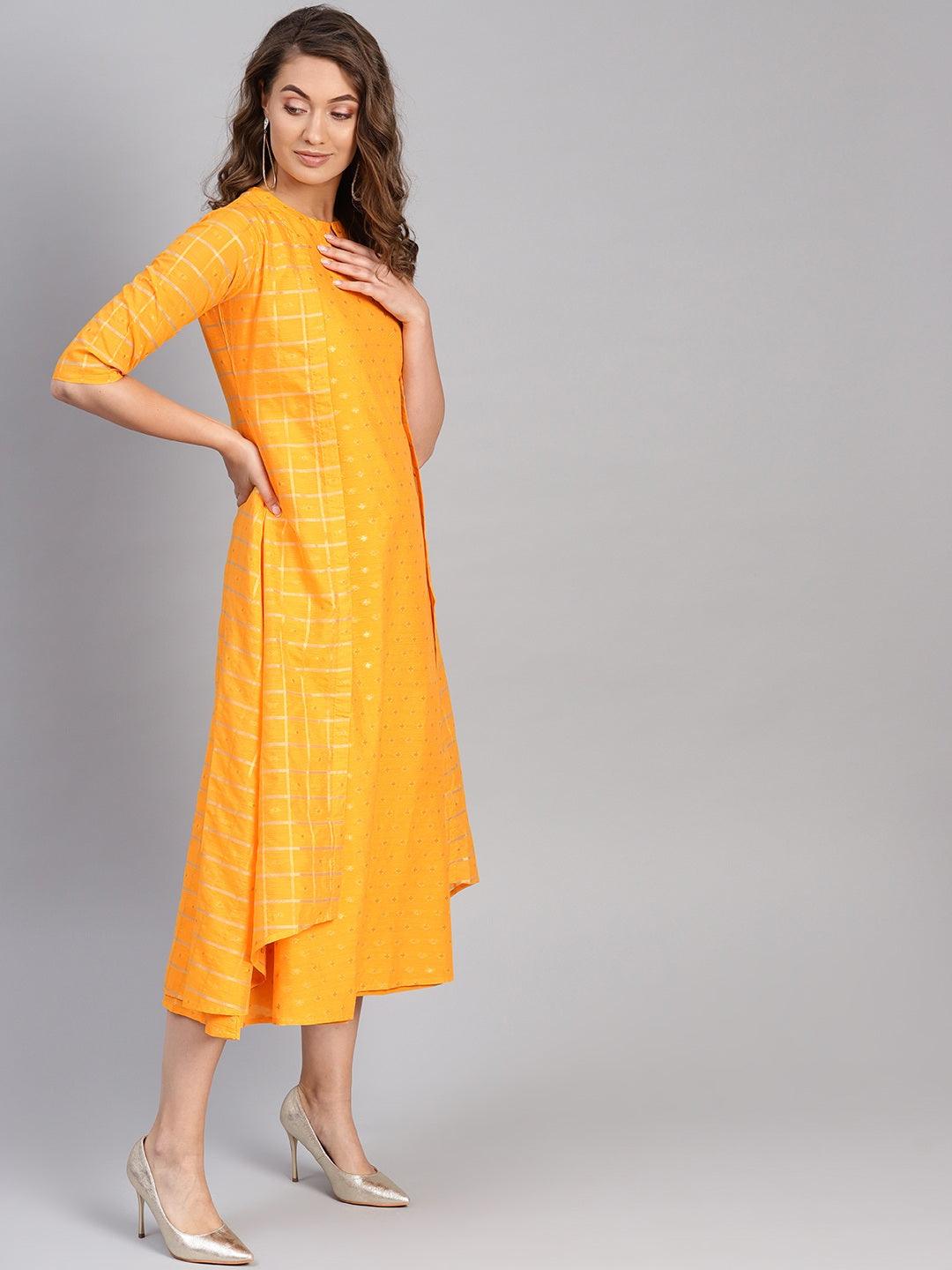 Yellow Self Design Chanderi Dress With Jacket - Libas