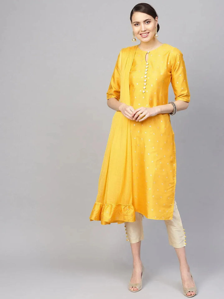 Yellow Self Design Chanderi Suit Set - Libas