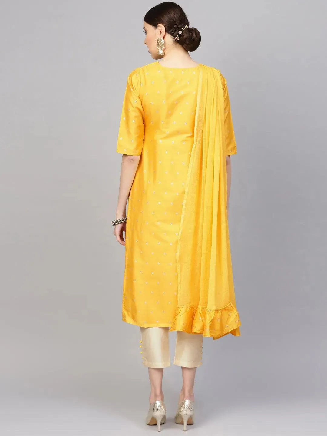 Yellow Self Design Chanderi Suit Set - Libas 