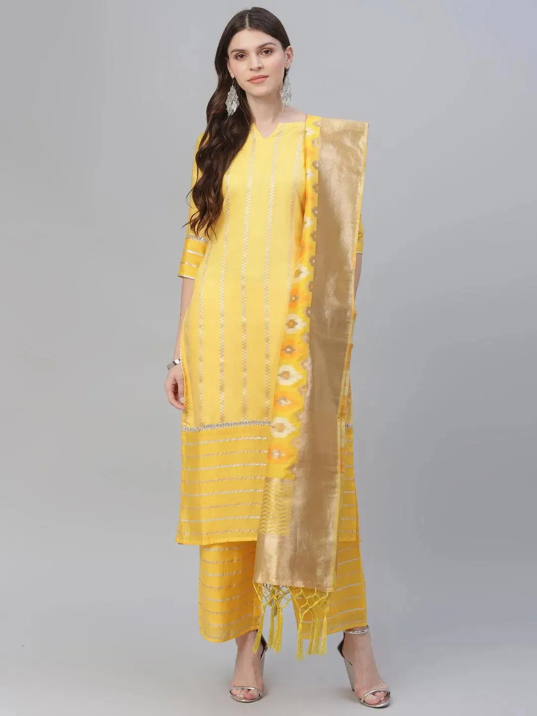 Yellow Self Design Chanderi Suit Set - Libas