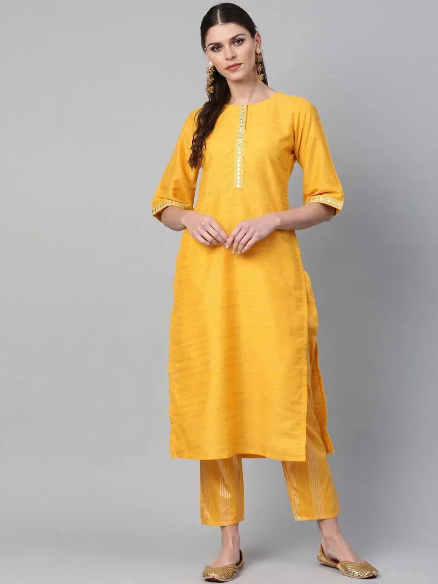 Yellow Self Design Chanderi Kurta Set - Libas