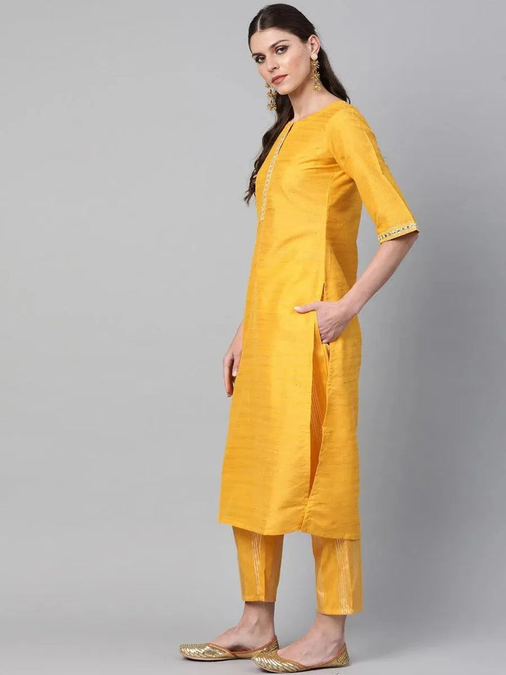 Yellow Self Design Chanderi Kurta Set - Libas