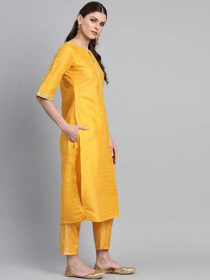 Yellow Self Design Chanderi Kurta Set - Libas