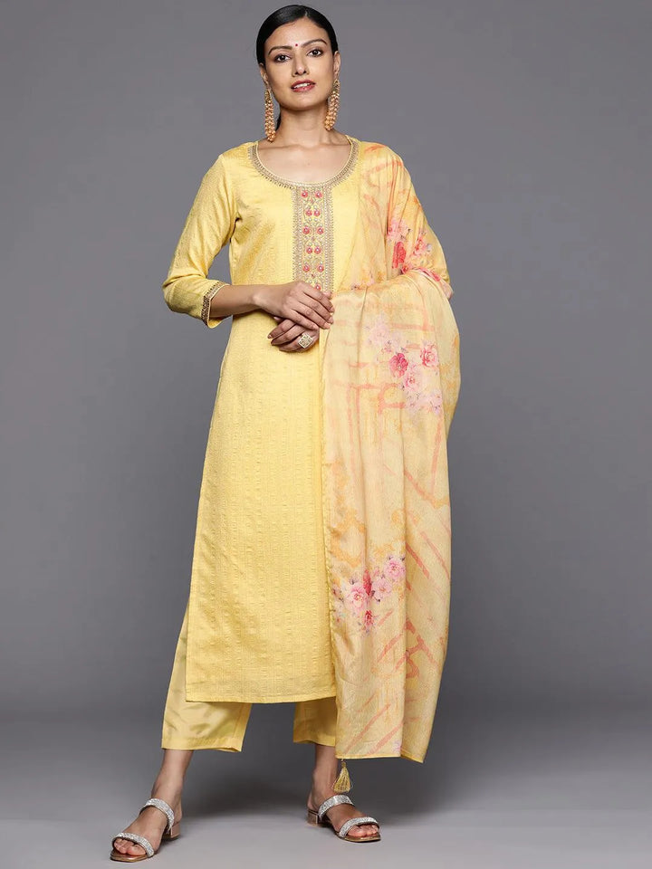 Yellow Self Design Rayon Straight Kurta With Trousers & Dupatta - Libas