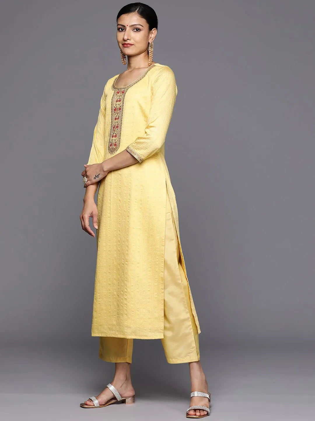 Yellow Self Design Rayon Straight Kurta With Trousers & Dupatta - Libas