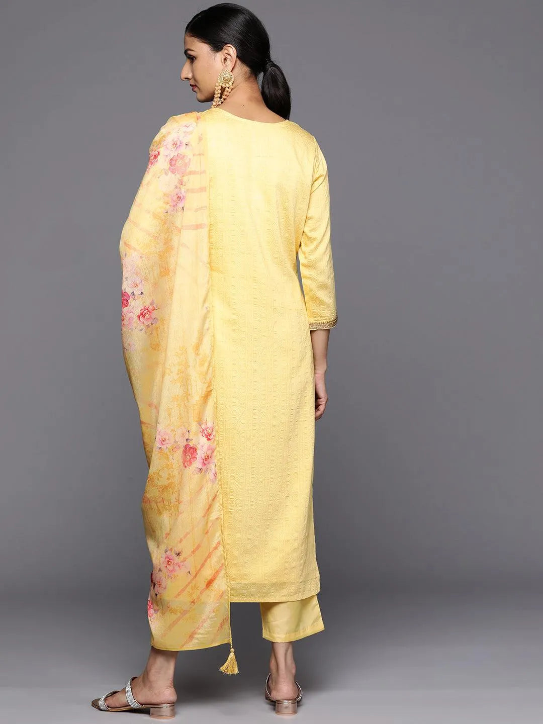 Yellow Self Design Rayon Straight Kurta With Trousers & Dupatta - Libas